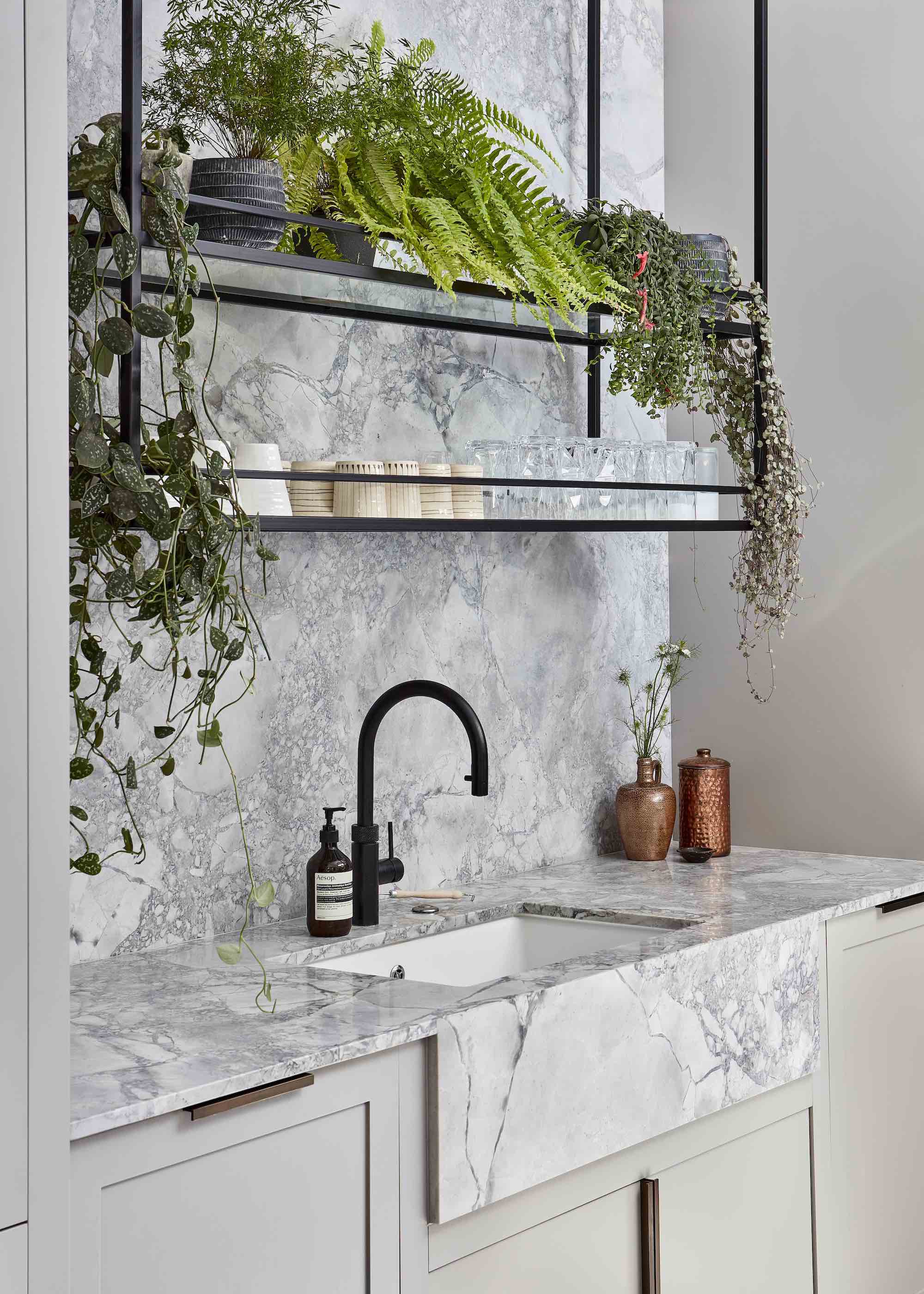 kitchen with black metal shelving above the sink. On the shelving are lots of plants as well as glassware