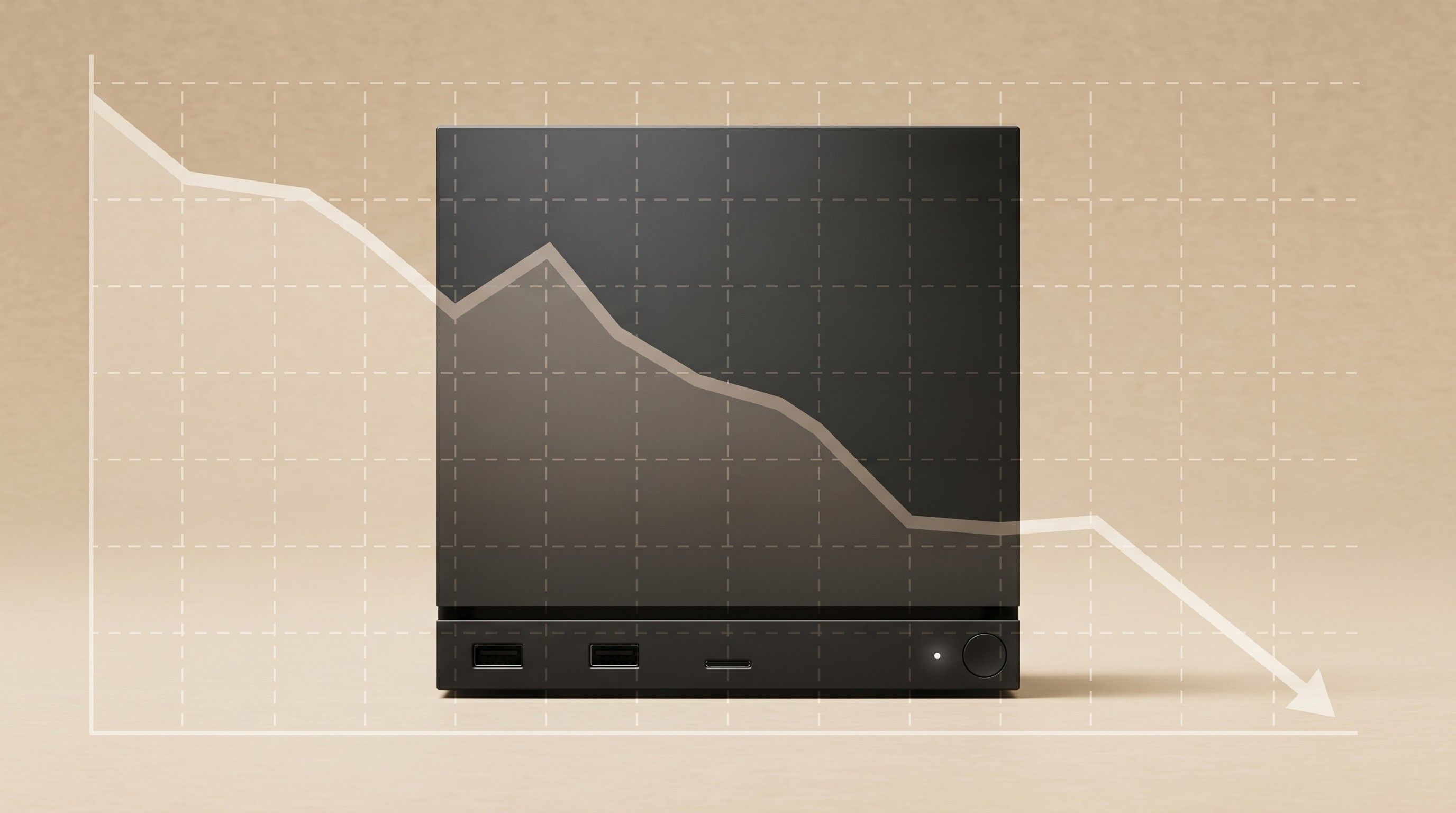 A Steam Machine with ports, overlaid by a graph with a downward sloping line against a beige background.