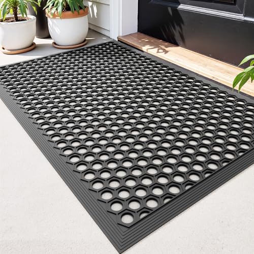 Dexi Outdoor Door Mat 60 X 90 Cm, Non-Slip Heavy Duty Rubber Doormat With Drainage Holes, Dirt Trapper Waterproof Front Entrance Mats for Porch, Patio, Garden, Black
