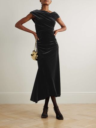 Asymmetric Ruched Recycled-Velvet Midi Dress