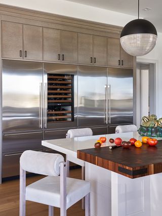 Grey kitchen with marble topped island