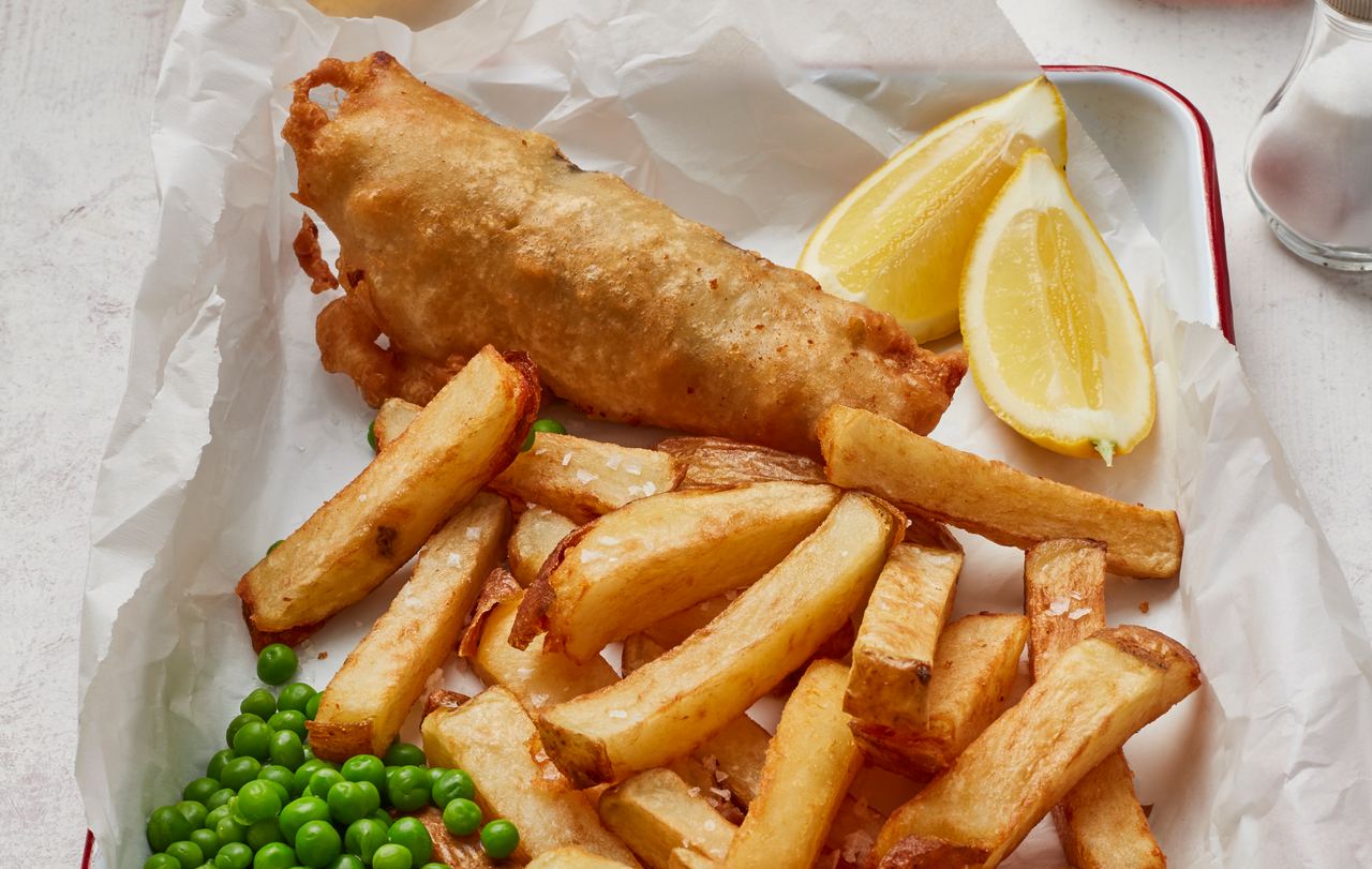 battered salmon and chips