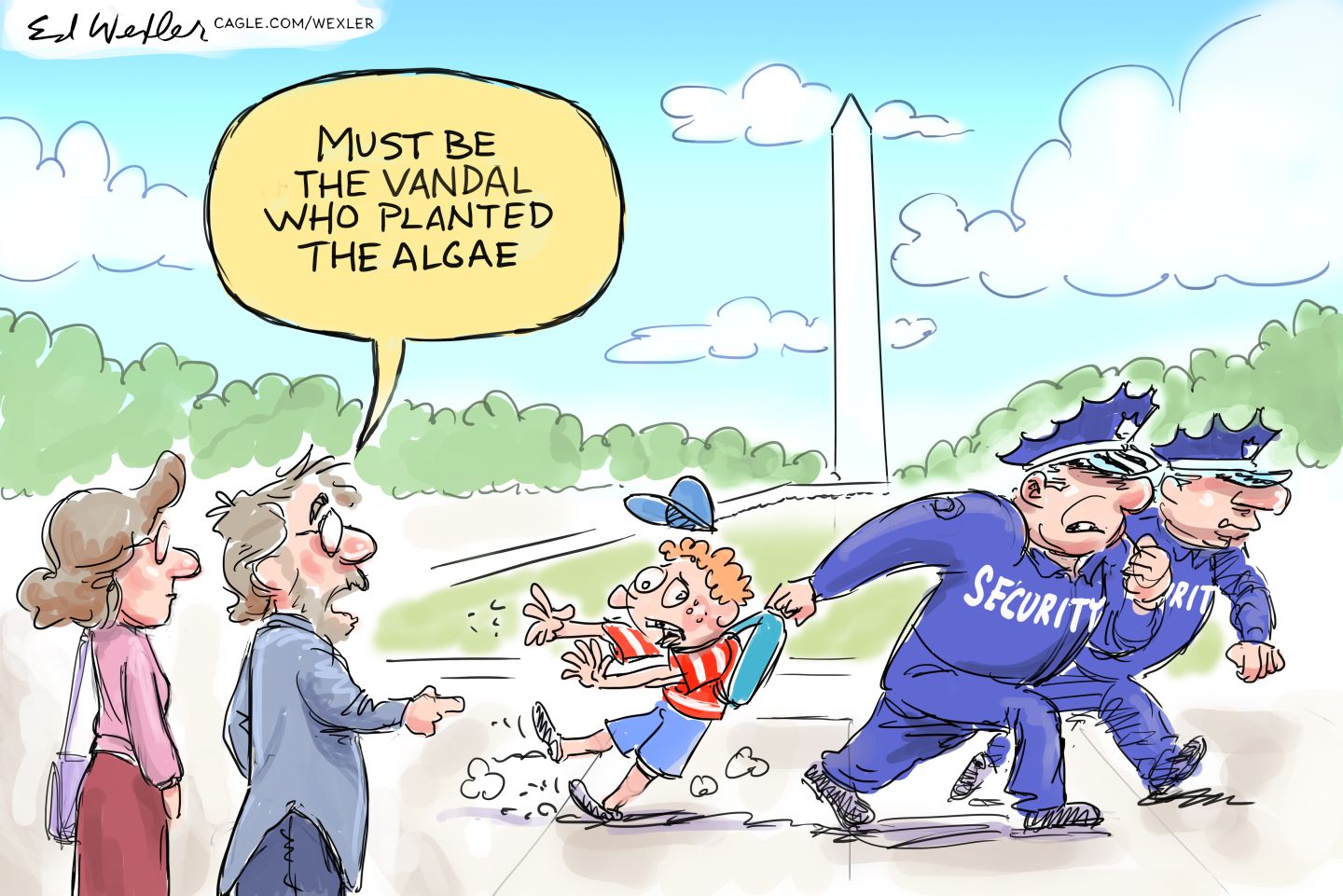 
                                This cartoon is set at the reflecting pool where two uniformed security officers are dragging away a young boy with a baseball hat and backpack. A male and female bystander watch and the man says, “Must be the vandal who planted the algae.”
                            