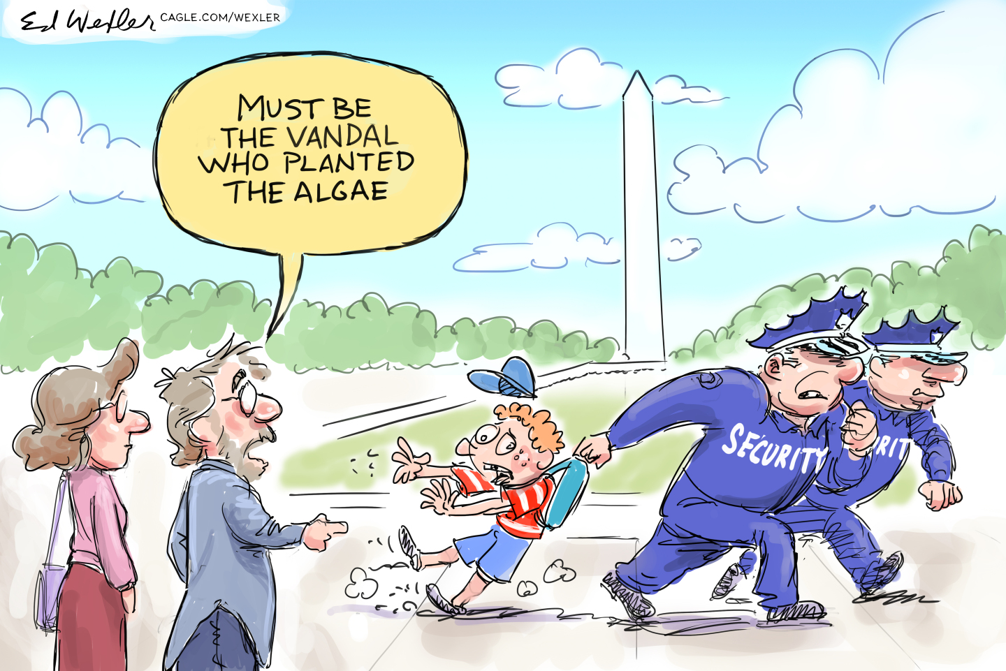 This cartoon is set at the reflecting pool where two uniformed security officers are dragging away a young boy with a baseball hat and backpack. A male and female bystander watch and the man says, &amp;ldquo;Must be the vandal who planted the algae.&amp;rdquo;