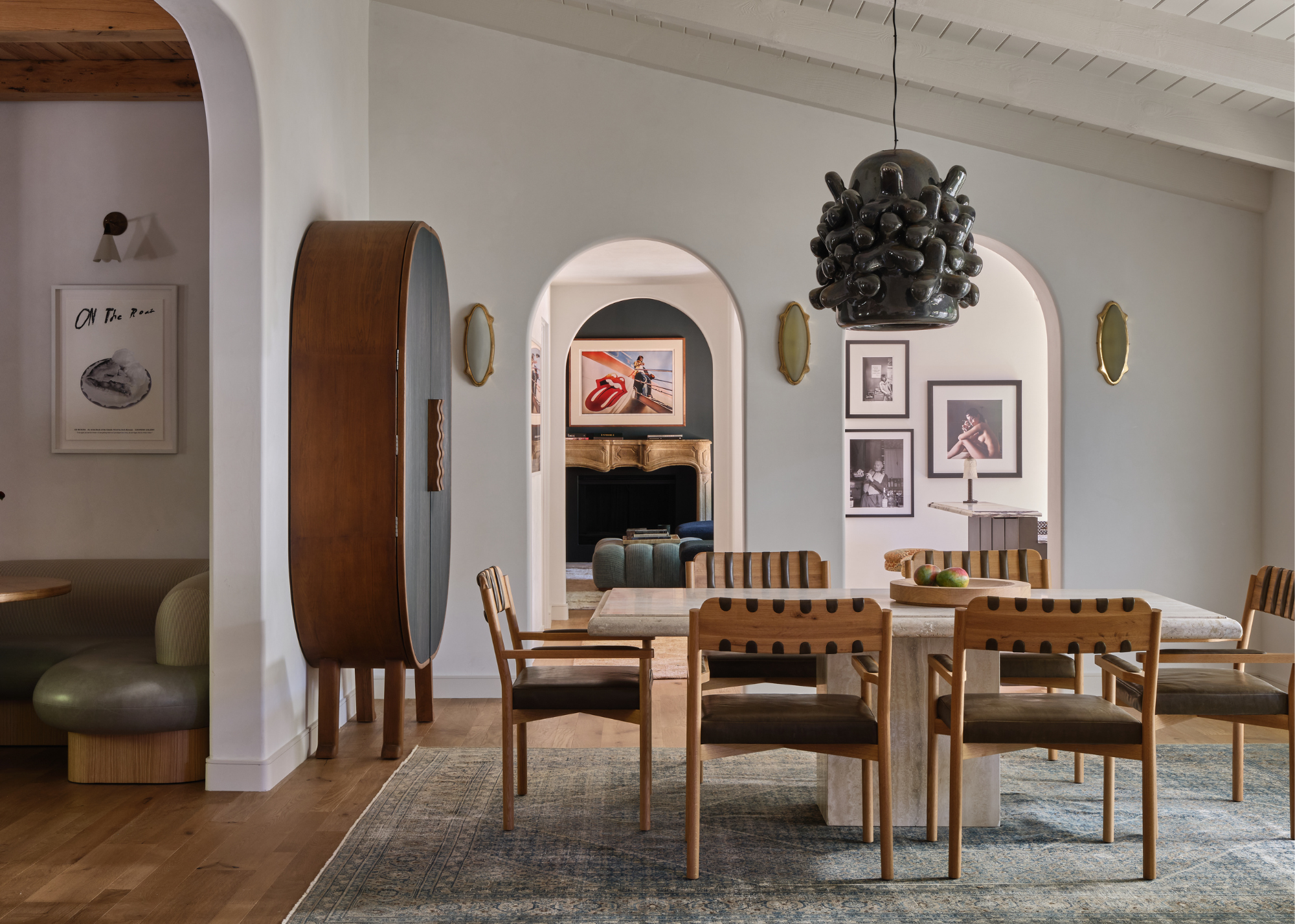 midcentury style living room with arched doorways into the living room
