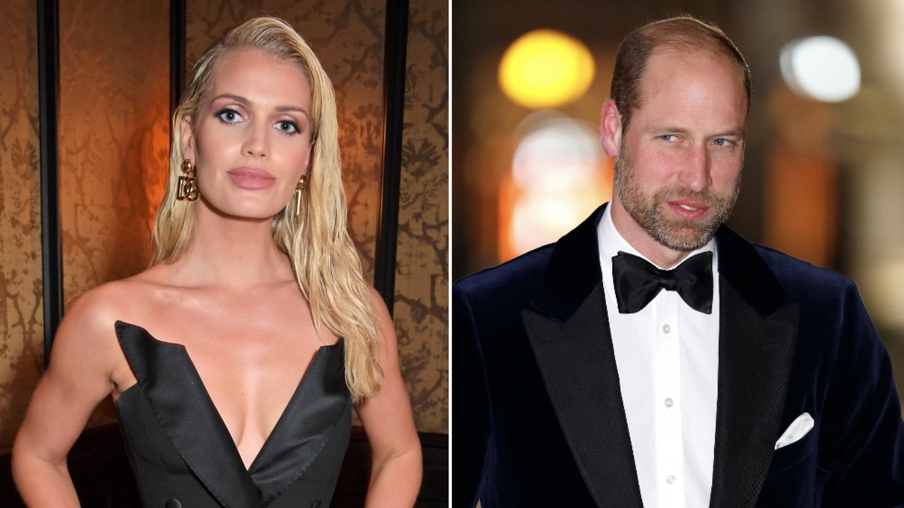 Lady Kitty Spencer poses in a low-cut, strapless top with long blonde hair, while Prince William wears a tuxedo