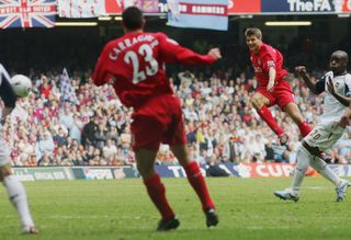 Liverpool captain Steven Gerrard scores with a long-range volley to equalise in stoppage time of the 2006 FA Cup final against West Ham United at the Millennium Stadium, Cardiff