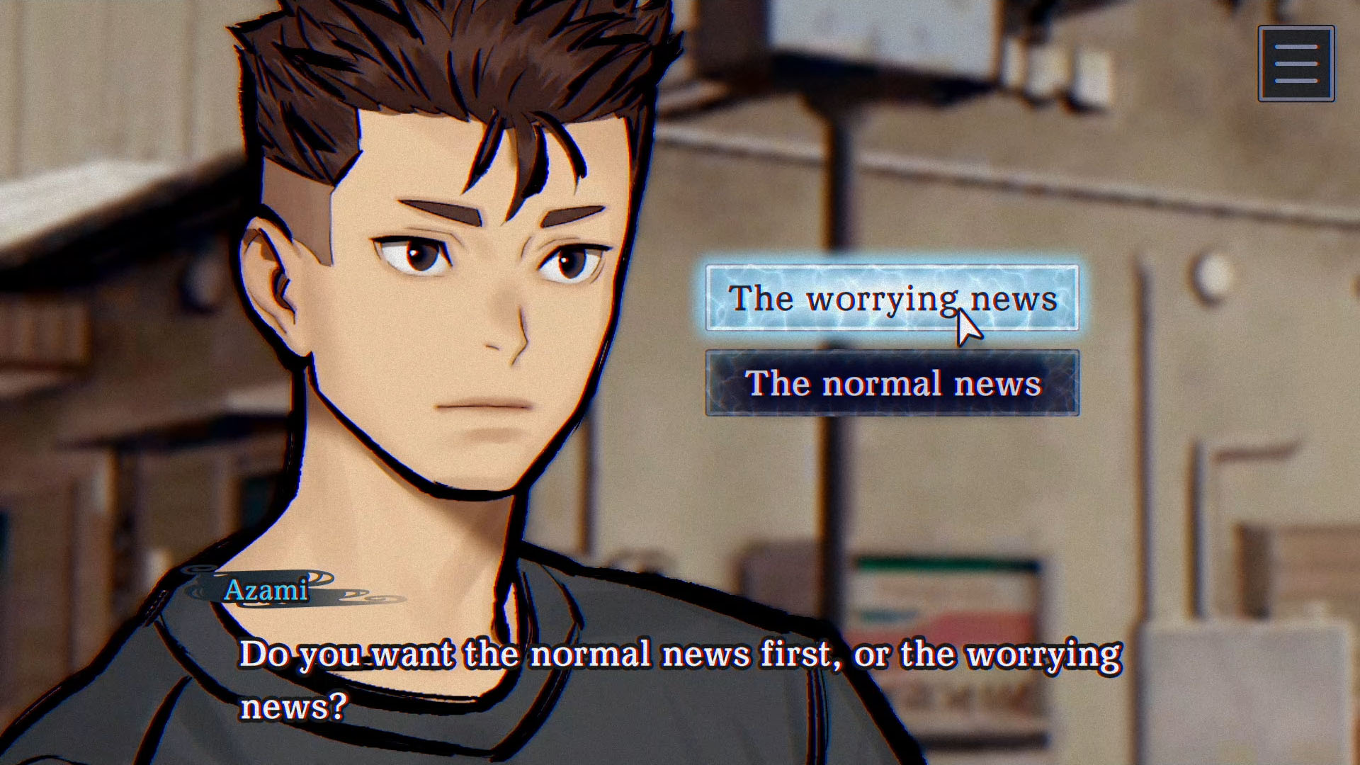 Azami asks if we want the normal news or worrying news first in Paranormasight: The Mermaid's Curse