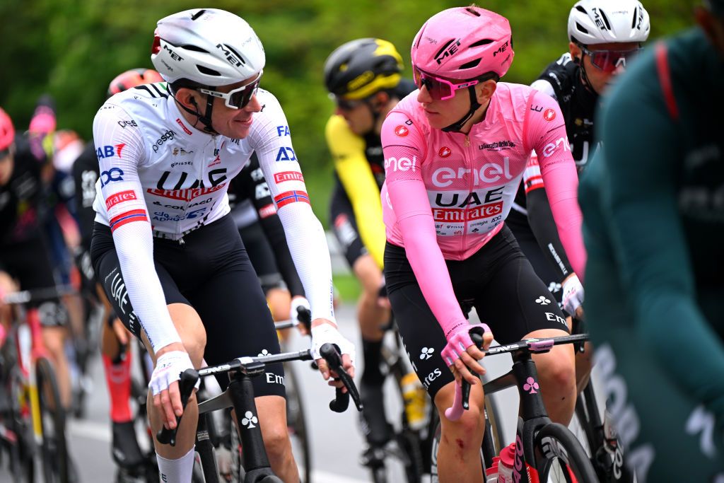 ANDORA ITALY MAY 07 LR Vegard Stake Laengen of Norway and Tadej Pogacar of Slovenia and UAE Team Emirates Pink Leader Jersey compete during the 107th Giro dItalia 2024 Stage 4 a 190km stage from Acqui Terme to Andora UCIWT on May 07 2024 in Andora Italy Photo by Tim de WaeleGetty Images