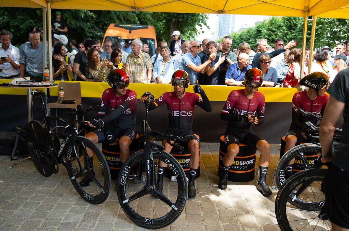 Team Ineos wait for the call to head to the start ramp