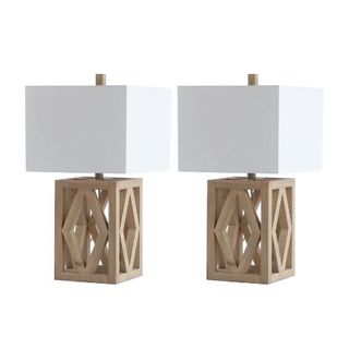 Two white and wooden table lamps