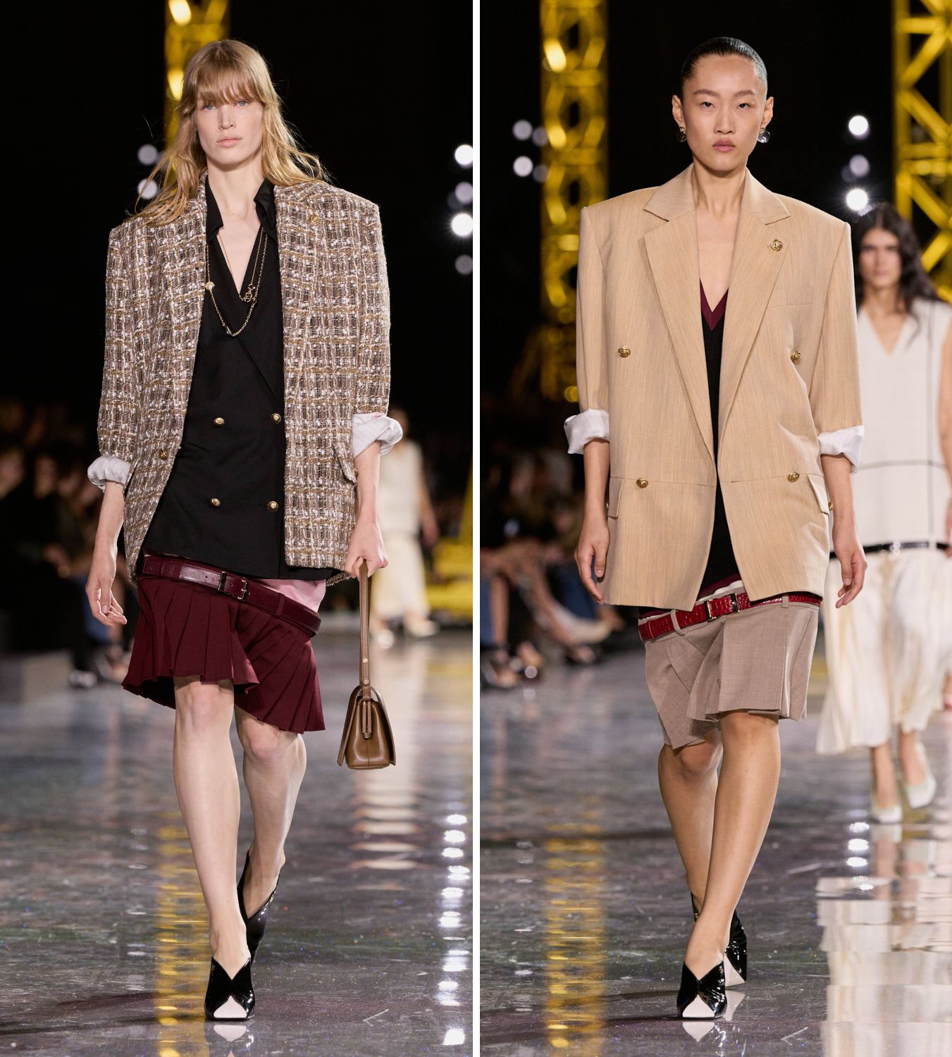 models on the runway at chanel aw26 wearing eighties blazers and pleated skirts