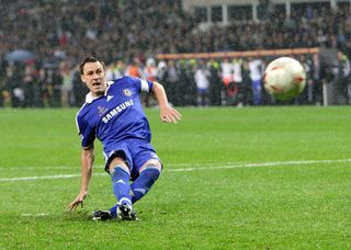 Chelsea’s John Terry slips and misses his penalty in the 2008 Champions League final, allowing Manchester United to take the title