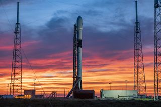 A SpaceX Falcon 9 rocket carrying the GPS III SV04 satellite for the U.S. Space Force stands atop Space Launch Complex 40 of the Cape Canaveral Air Force Station, Florida for an October 2020 launch.