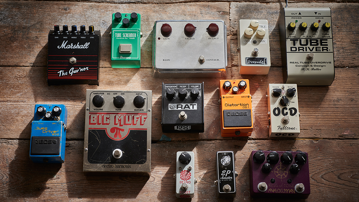 A selection of effects pedals, including Marshall, Boss and Big Muff brands, taken on October 6, 2015