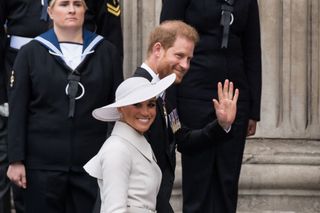 LONDON, UNITED KINGDOM - JUNE 03: Prince Harry, Duke of Sussex and Meghan, Duchess of Sussex arrive at St Paul's Cathedral to attend Service of Thanksgiving for The Queen's during the Platinum Jubilee celebrations in London, United Kingdom on June 03, 2022. Millions of people in the UK are set to join the four-day celebrations marking the 70th year on the throne of Britain's longest-reigning monarch, Queen Elizabeth II, with over a billion viewers expected to watch the festivities around the world. (Photo by Wiktor Szymanowicz/Anadolu Agency via Getty Images)