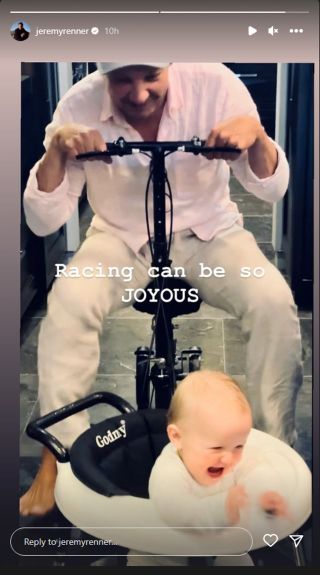 Jeremy Renner on a scooter chasing a baby with the caption: "Racing can be so JOYOUS."