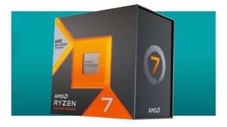 AMD Ryzen 7 7800X3D retail box against a teal background with a white border