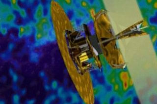 he Wilkinson Microwave Anisotropy Probe superimposed over a visualization of cosmic microwave background radiation