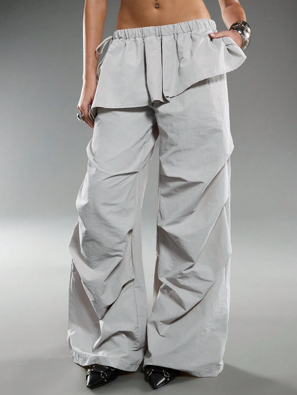 NORMANI, Solid Color Ruffle Hem Wide Leg Pants