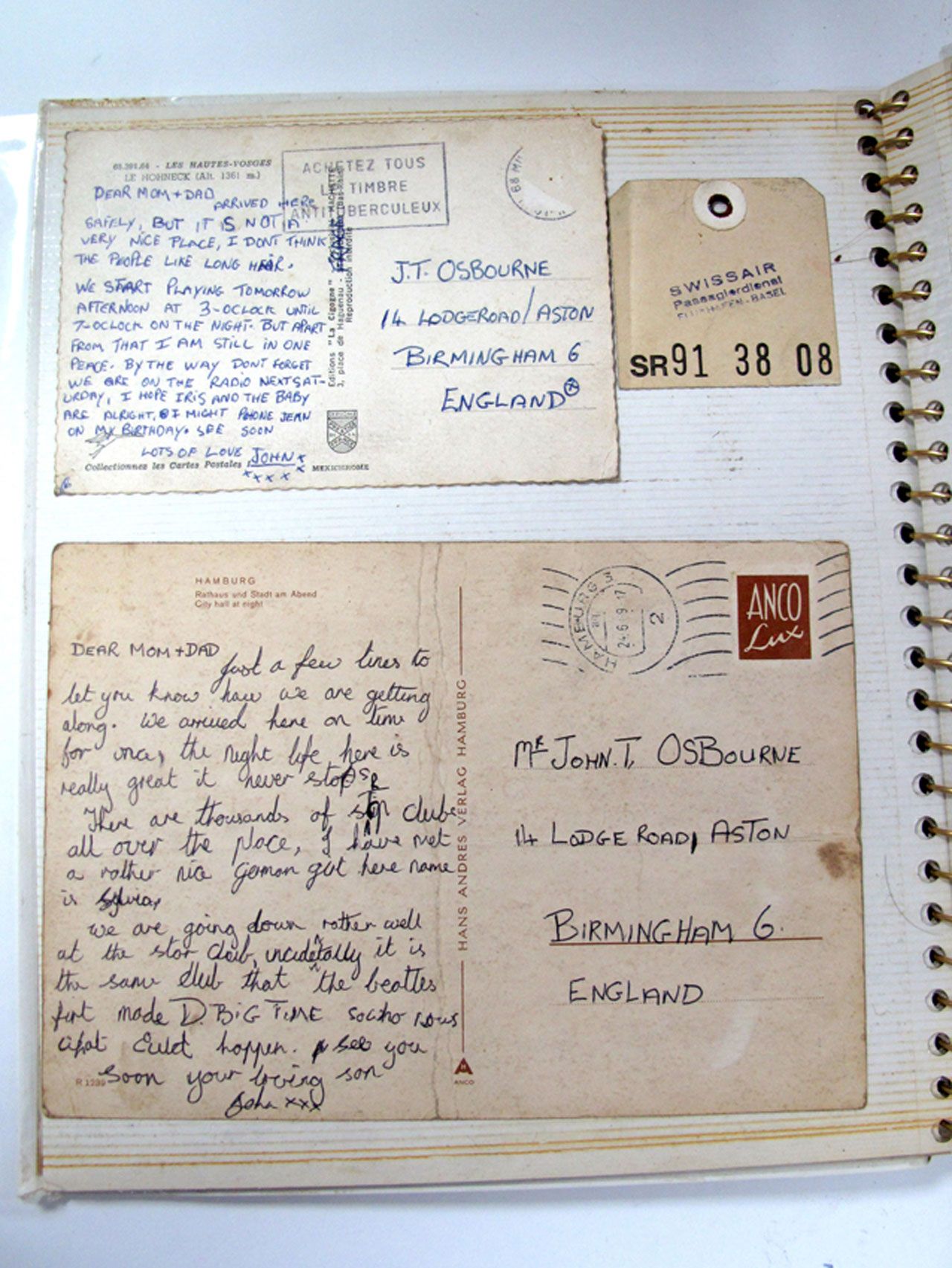 Ozzy Osbourne's postcards to his parents in Birmingham
