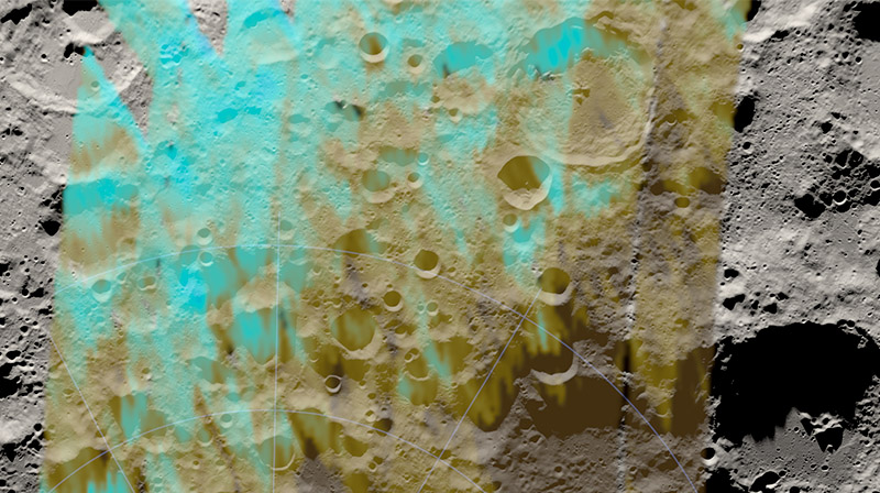 a photograph of the lunar surface with an overlay containing streaks of different blues denoting different concentrations of water on the lunar surface