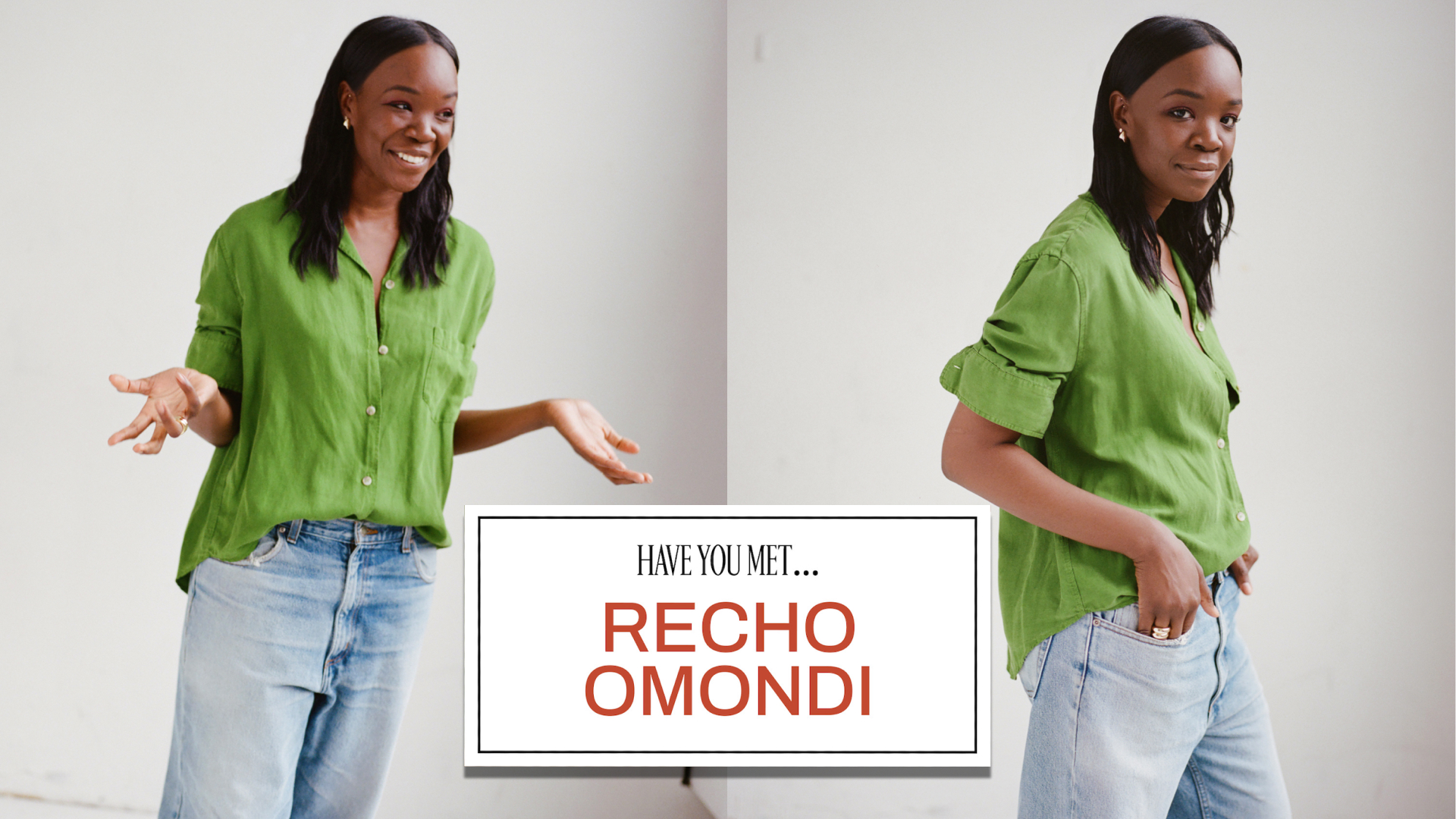 two portraits of Recho Omondi in a green blouse with Marie Claire's Have You Met.. graphic