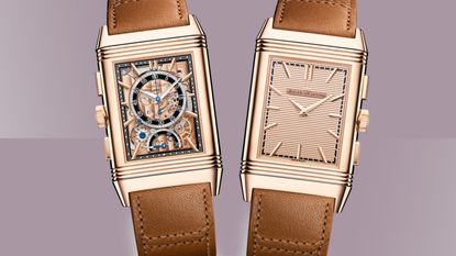 The limited edition Jaeger Le-Coultre Reverso Pink Gold Chronograph on a purple background