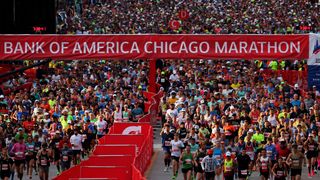 A general view of the start line as thousands of runners compete in the Chicago Marathon at Grant Park 