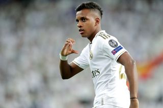 Rodrygo celebrates a goal for Real Madrid against Galatasaray in November 2019.