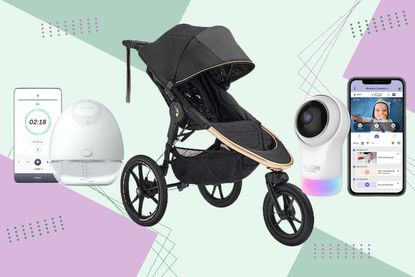 A collage of three of the best Amazon Prime Day baby deals including two breast pumps and a running stroller