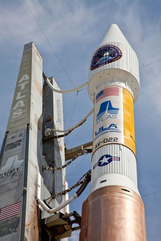The Atlas 5 rocket bearing the U.S. Air Force's first Space-Based Infrared System (SBIRS) missile-warning satellite, GEO-1, is shown, in preparation for its scheduled May 6 launch.