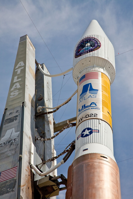 The Atlas 5 rocket bearing the U.S. Air Force&#039;s first Space-Based Infrared System (SBIRS) missile-warning satellite, GEO-1, is shown, in preparation for its scheduled May 6 launch.