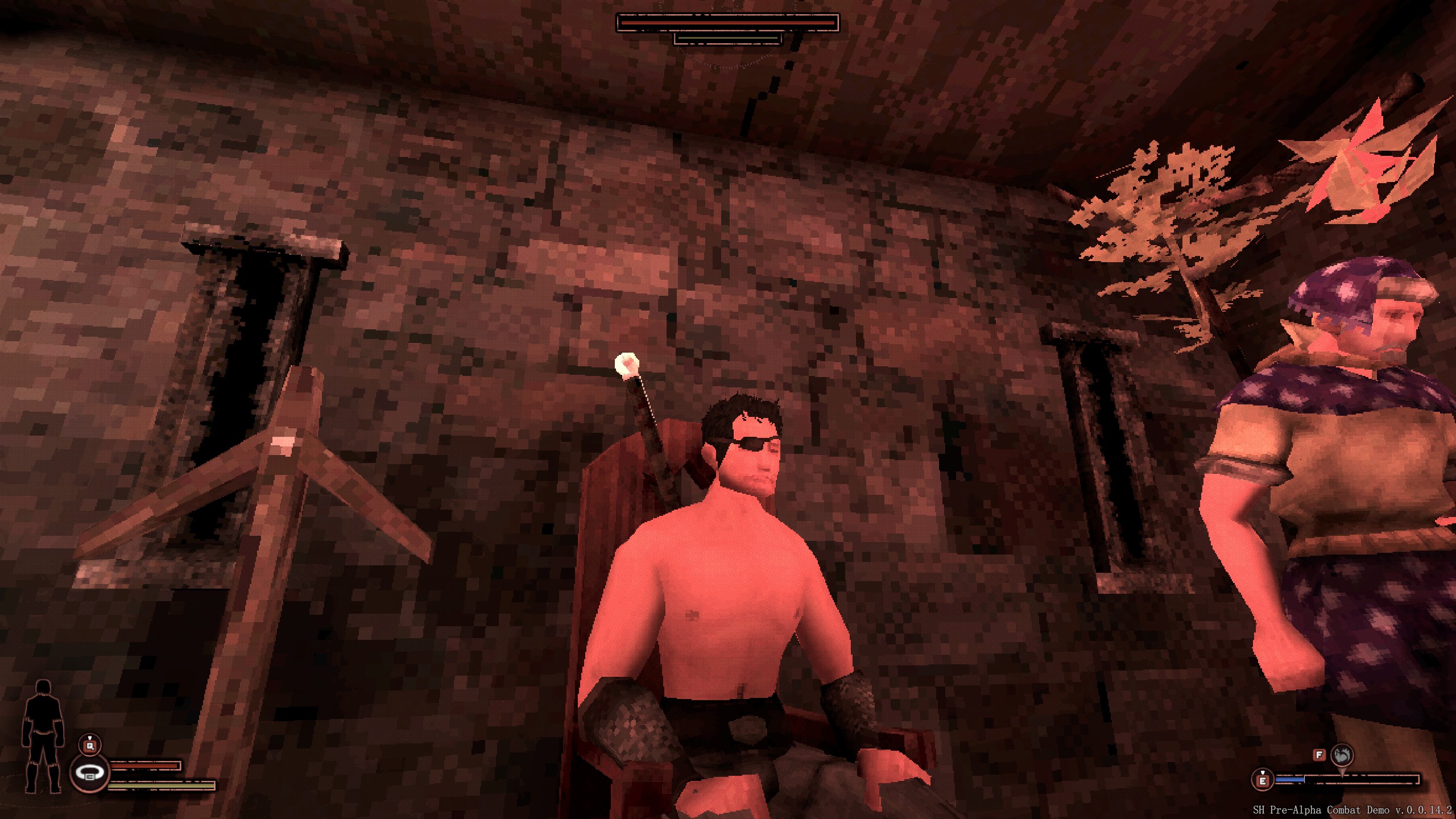 Sword hero man sitting bare chested with eyepatch next to merchant.