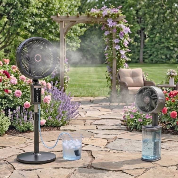 Two misting fans on a patio surrounded by flowers