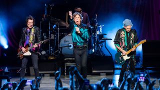 Ronnie Wood, Mick Jagger and Keith Richards are seen performing onstage during the final stop of the "No Filter" tour at Hard Rock Live on November 23, 2021 in Hollywood, Florida.