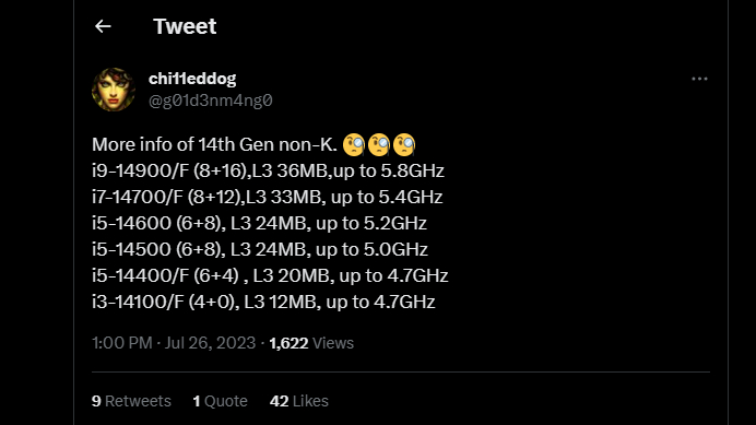 Rumoured Intel 14th Gen core counts and clock speeds