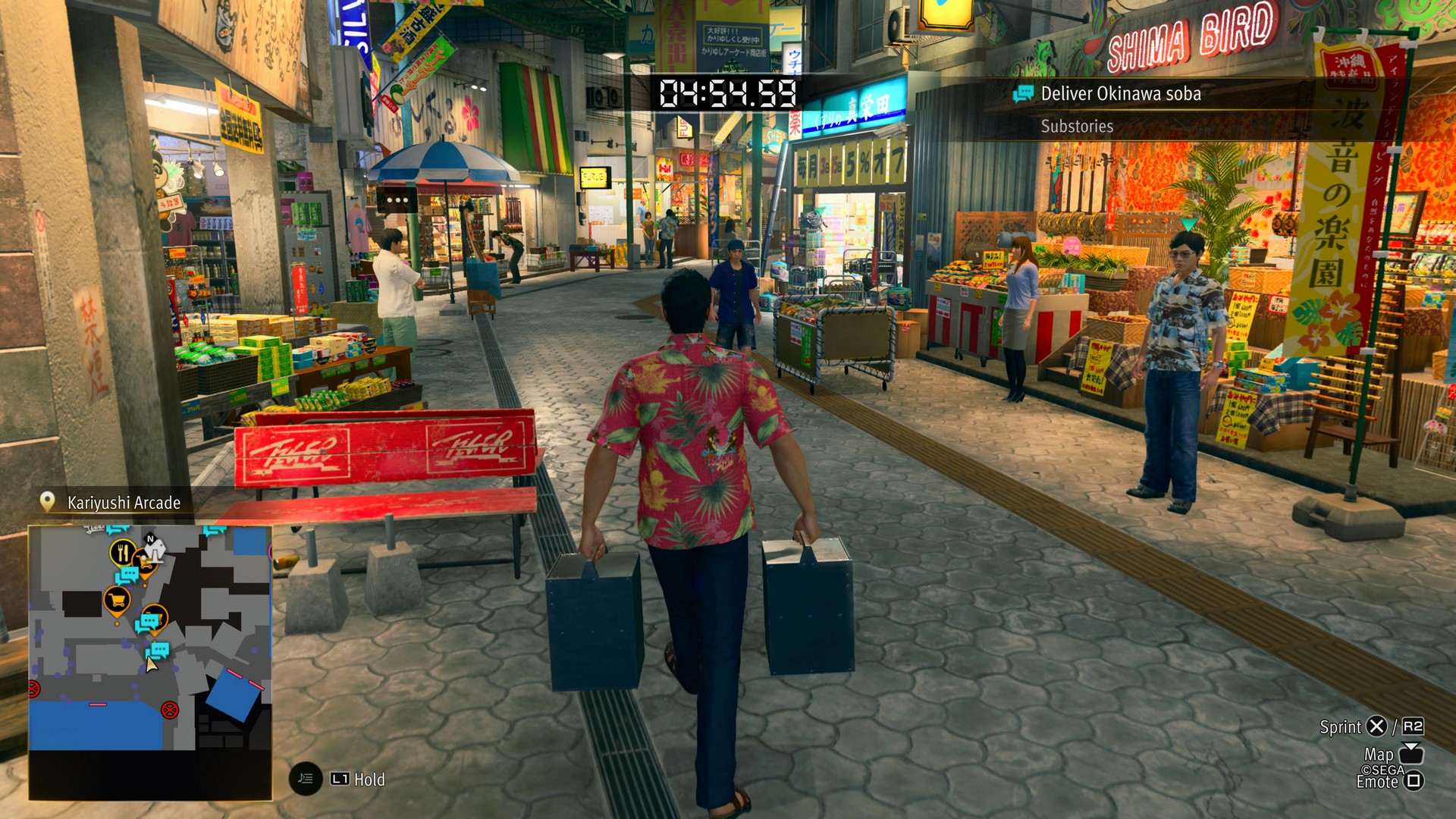 Kiryu walsk through a shopping arcade in Yakuza Kiwami 3 &amp;amp; Dark Ties while delivering soba noodles