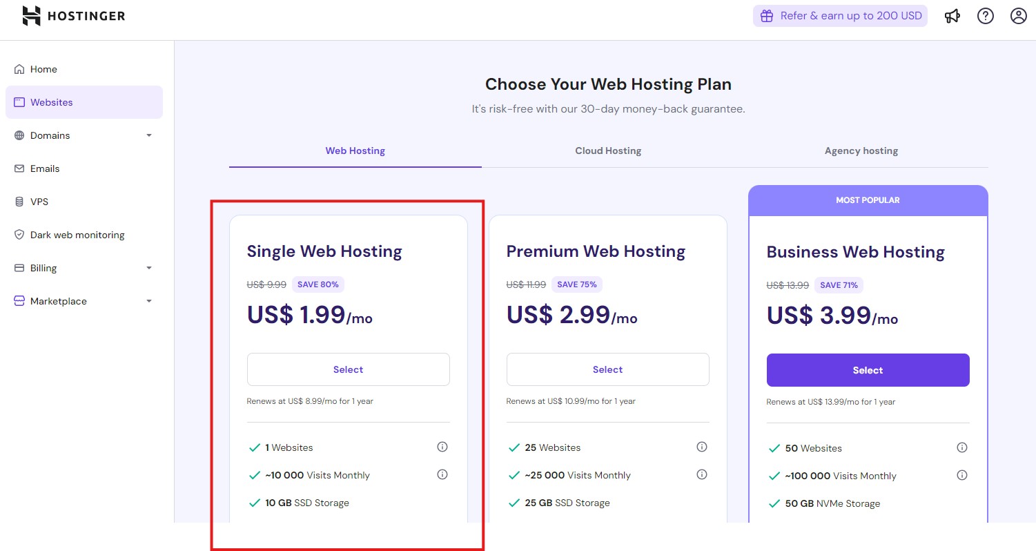 Hostinger's hosting plans