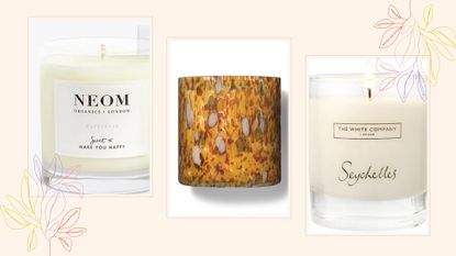 compilation image of three best scented candles by Neom and The White Company shown on a neutral background edged with flowers