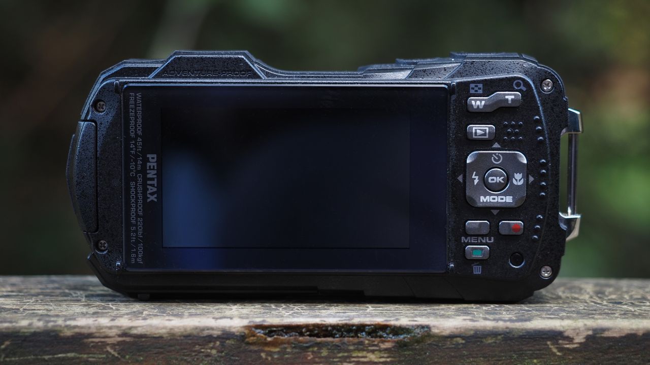 Close up of a Pentax WG-90 sitting on a wooden surface in front of woodland