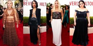 Compilation of four female celebs with the best 2020 Golden Globes outfits.