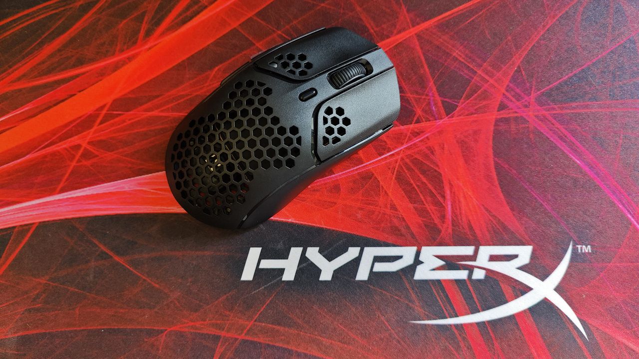 HyperX Pulsefire Haste Wireless review: mouse on a red and black HyperX mousemat