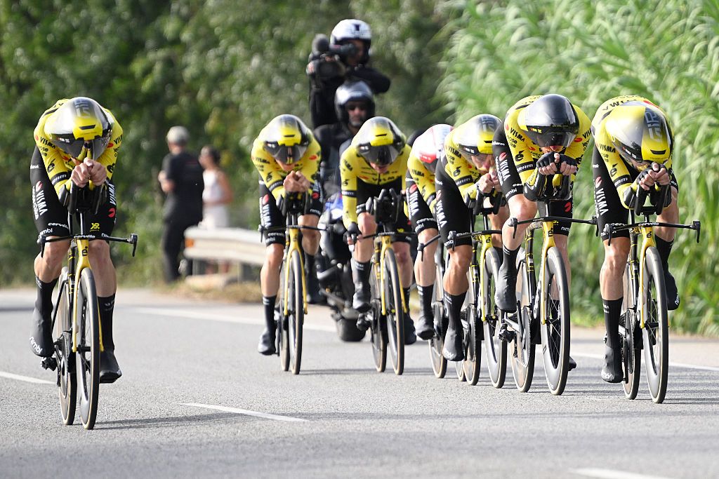 Team Visma-Lease a bike's riders compete during the fifth stage of La Vuelta a Espana cycling tour, a 24.1 km time-trial team race in Figueres, on August 27, 2025. (Photo by Josep LAGO / AFP)