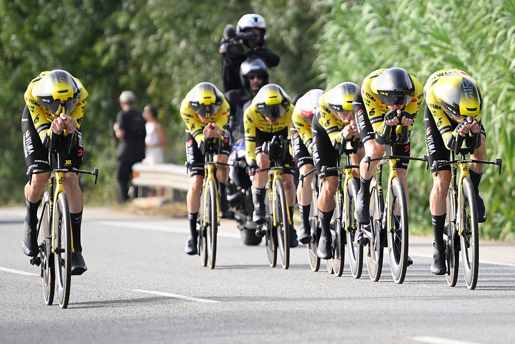 Team Visma-Lease a bike&#039;s riders compete during the fifth stage of La Vuelta a Espana cycling tour, a 24.1 km time-trial team race in Figueres, on August 27, 2025. (Photo by Josep LAGO / AFP)