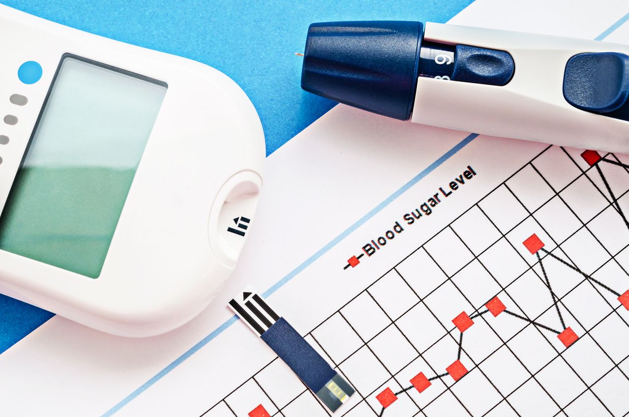 a blood sugar measurement tool on top of chart measuring blood sugar levels