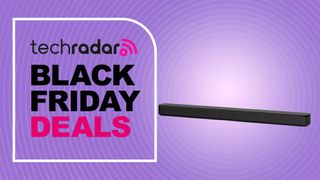 Sony HT-S100F soundbar on purple background with words 'TechRadar: Black Friday deals'