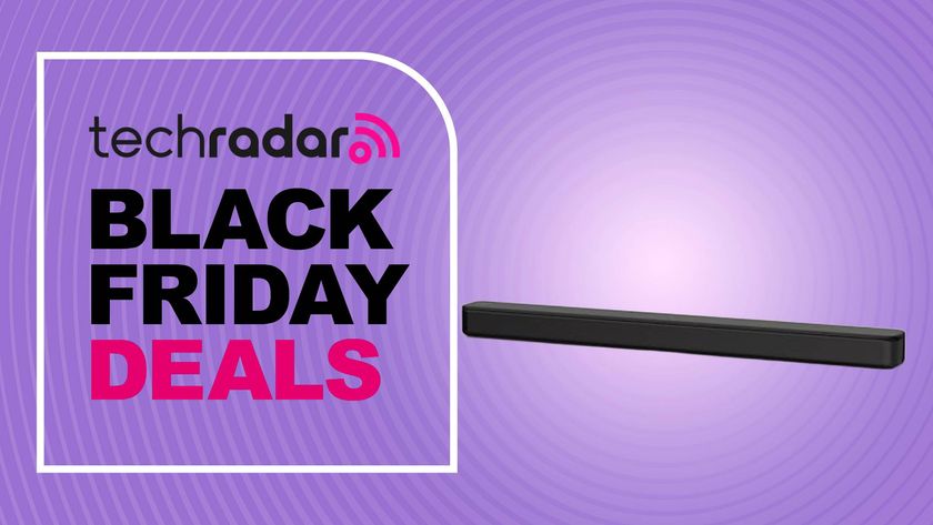 Sony HT-S100F soundbar on purple background with words &#039;TechRadar: Black Friday deals&#039;
