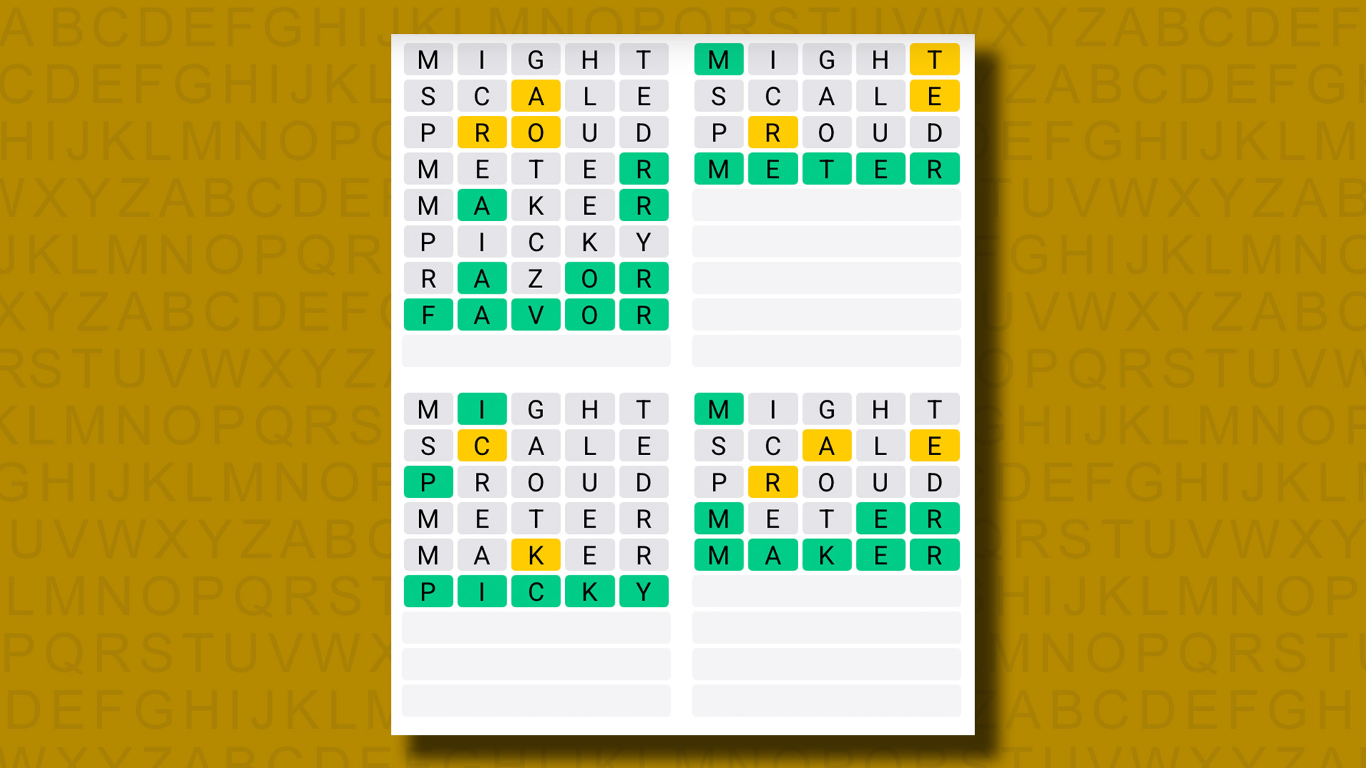 Quordle answers for game 1206 on a yellow background