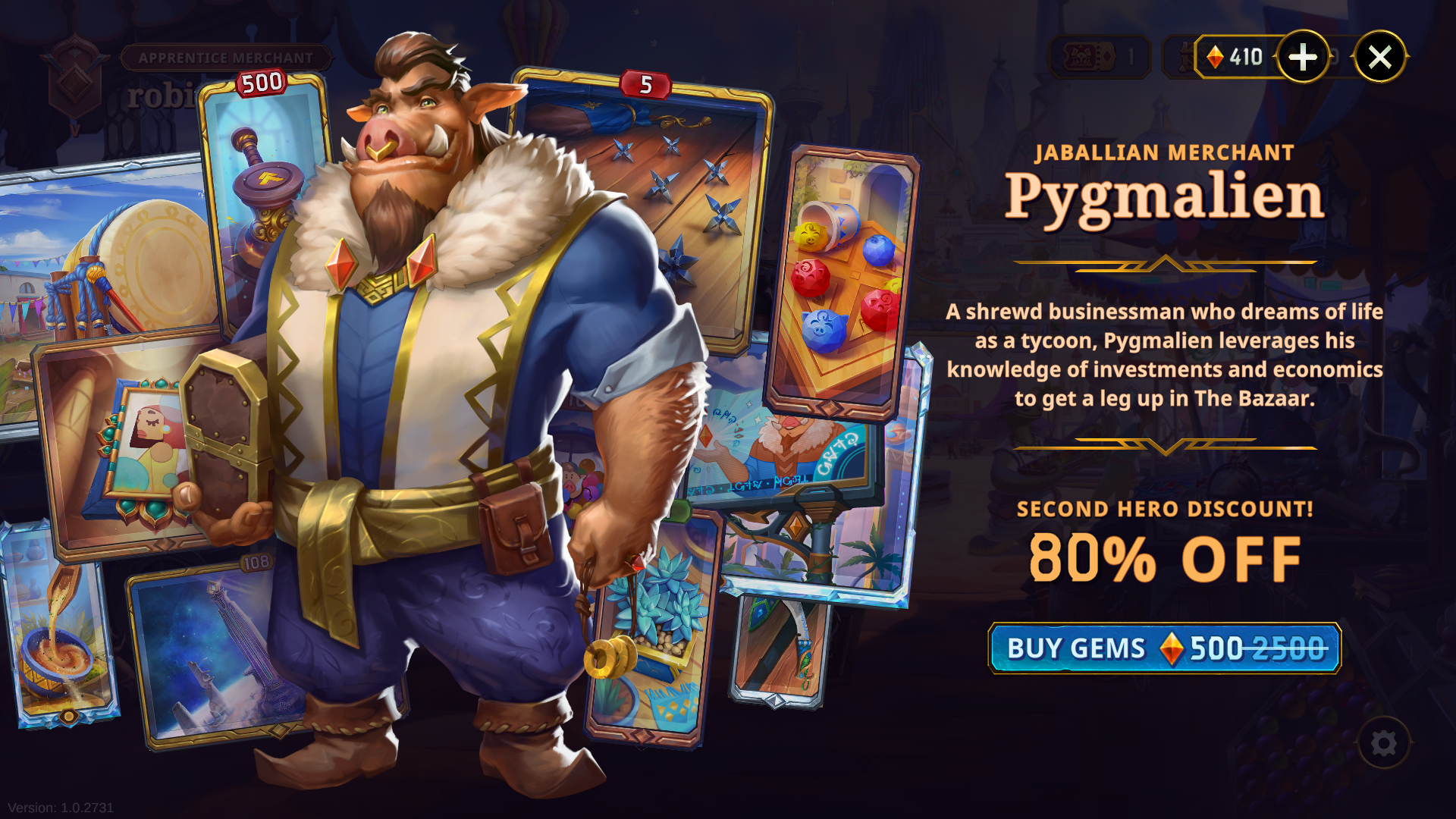 A screen where you can buy Pygmalien in The Bazaar.